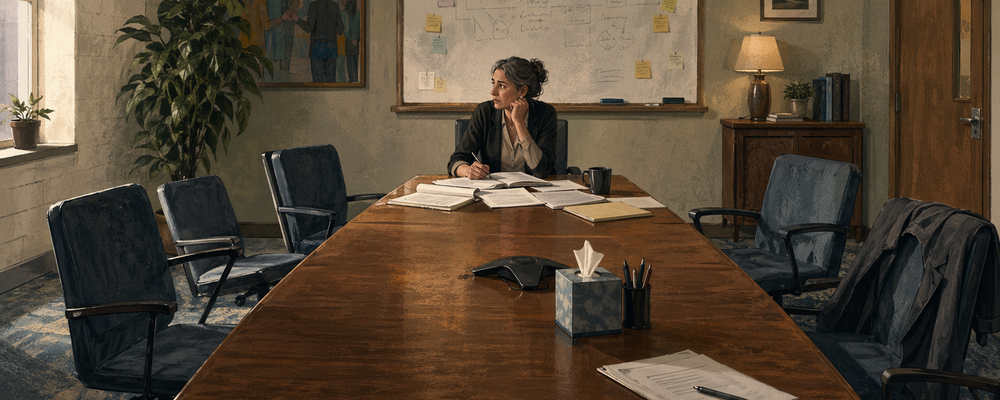 **Image description (alt text for Wagtail):**  An editorial illustration of a nonprofit boardroom with several empty chairs pushed back from the table at odd angles, while a single person sits alone at the far end with papers spread out, looking toward th