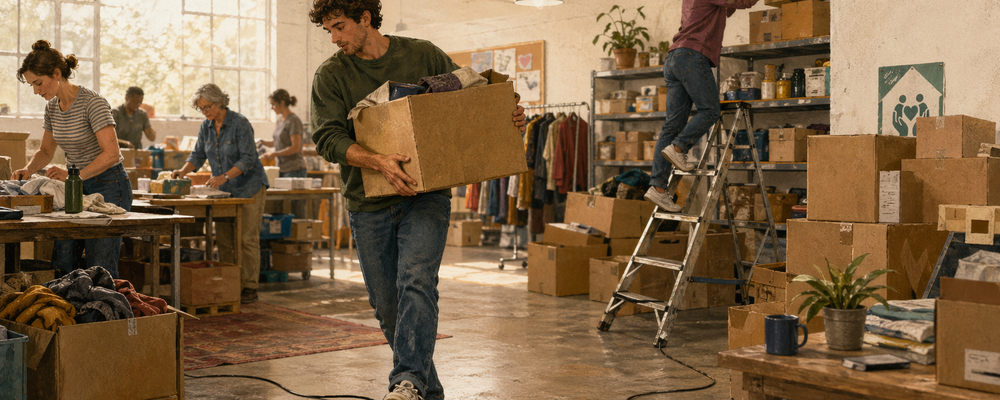 An editorial illustration of nonprofit volunteers working in a busy space with unnoticed safety hazards — a heavy box carried over a loose extension cord, an unsteady stepladder in use, and a safety sign partially hidden behind stacked supplies.