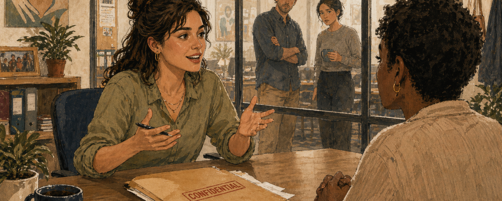 An editorial illustration of a well-intentioned nonprofit volunteer speaking animatedly at a desk with a slightly open confidential folder, while two staff members exchange a worried glance through a glass partition behind her.