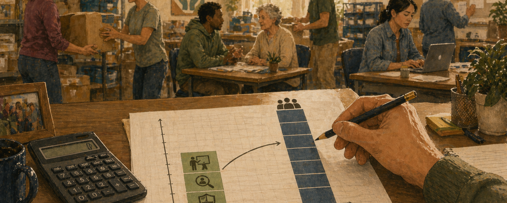 An editorial illustration of a desk with a calculator and spreadsheet comparing volunteer management costs against volunteer labor value, with active volunteers working in the background.
