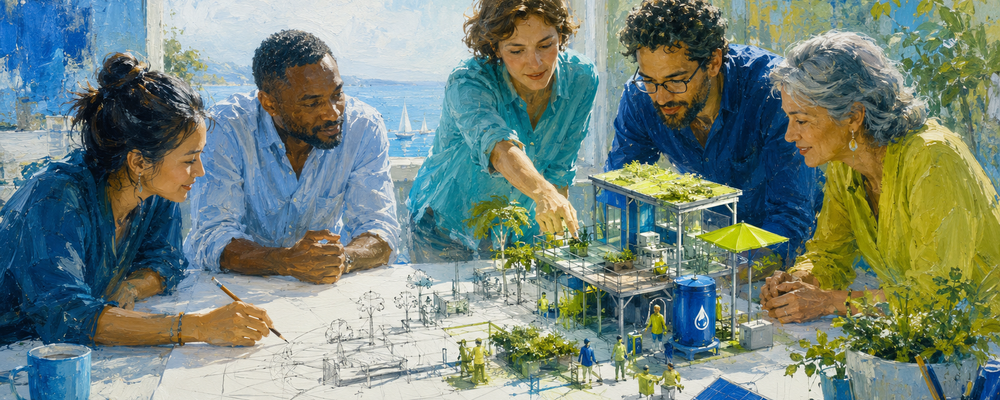 A painterly, brightly lit scene of five diverse nonprofit colleagues gathered around a table, watching a rough pencil sketch of a community project come alive into a built, three-dimensional model