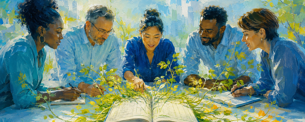 A diverse nonprofit team leans over a table in bright daylight as an open financial ledger sprouts green shoots and branching leaves that spread toward them — an allegory for abundance and opportunity emerging from constraint, painted in blues and greens.