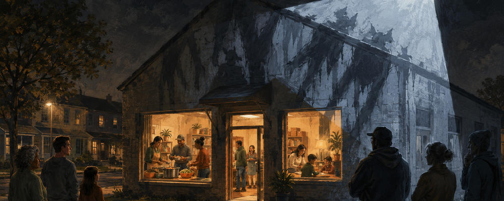 Editorial illustration of a warm, well-lit nonprofit building where people serve their community, distorted by a harsh spotlight from above that casts ominous shadows, symbolizing how political framing misrepresents the sector's work.