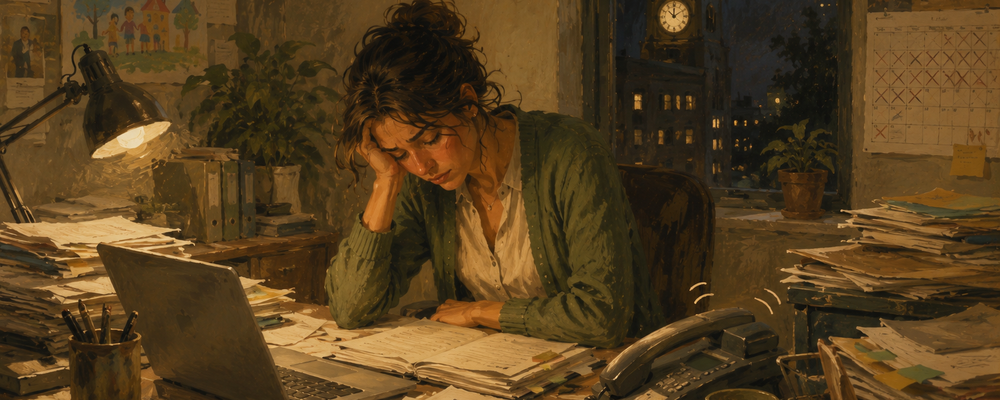 Editorial illustration of an exhausted nonprofit worker at an overflowing desk late in the evening, symbolizing the structural overwork that drives burnout in the sector.