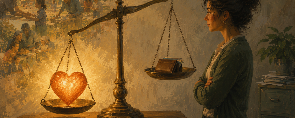 Editorial illustration of a balance scale with a glowing mission heart outweighing a thin paycheck, symbolizing the expectation that nonprofit workers accept lower compensation for meaningful work.