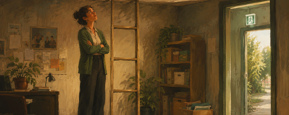 Editorial illustration of a nonprofit worker standing at the base of a short ladder reaching a low ceiling, with an exit door visible nearby, symbolizing limited career advancement driving talented staff out of the sector.
