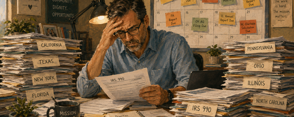 Editorial illustration of a nonprofit worker at a desk buried under stacks of regulatory forms from multiple states and the IRS, with a calendar covered in deadline flags, symbolizing the compliance burden on small organizations.