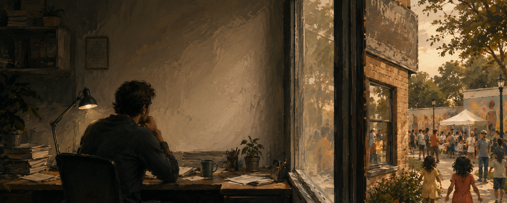 Editorial illustration of a faded nonprofit building with a lone worker inside while the community outside thrives, symbolizing organizational stagnation and disconnection from purpose.