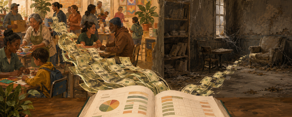 Editorial illustration of a nonprofit budget with money flowing toward both an active program and an empty legacy program room with cobwebs, symbolizing how resource misallocation undermines mission impact.