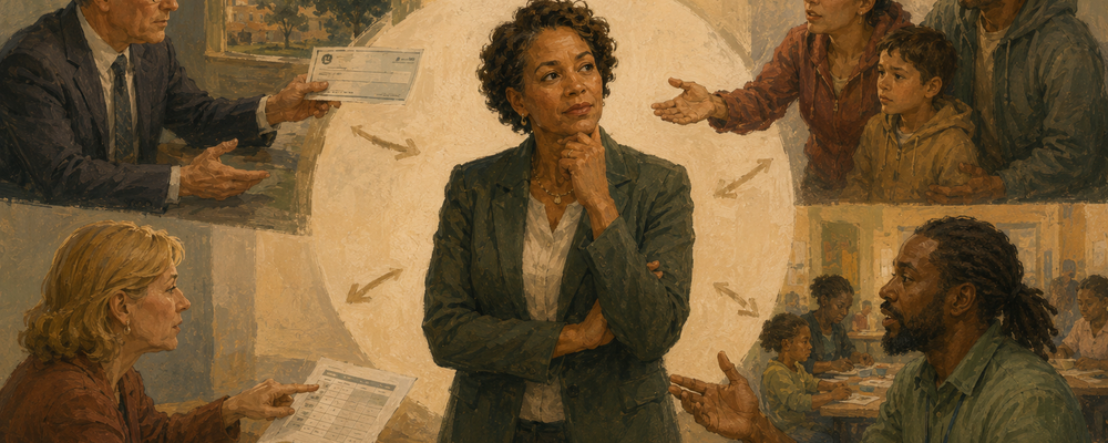 Editorial illustration of a nonprofit executive director at the center of competing pulls from a funder, family, board member, and staff person, symbolizing the accountability challenge of serving multiple stakeholders.