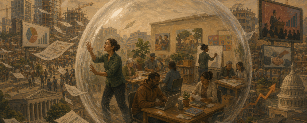Editorial illustration of a nonprofit building enclosed in a translucent bubble while the external environment transforms around it, symbolizing the failure to monitor important contextual changes.