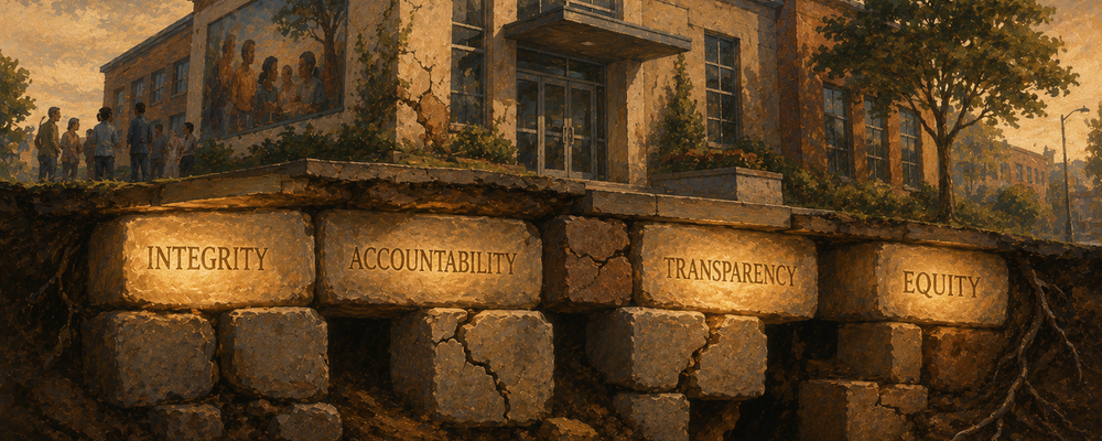 Editorial illustration of a nonprofit building viewed from below showing foundation stones inscribed with values, some solid and glowing while others are cracked or missing, symbolizing how unpracticed values weaken the entire organization.