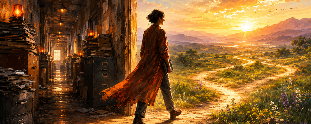 Editorial illustration of a nonprofit leader stepping through a doorway from a muted hallway of filed problems and warning lights into a luminous landscape of golden light and green growth, symbolizing the transition from naming threats to finding opportu