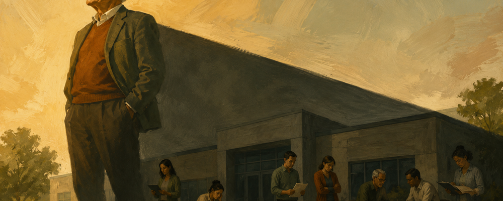 Editorial illustration of a large founder figure casting a shadow over an entire nonprofit building and its staff, symbolizing how founder's syndrome constrains organizational growth and independence.