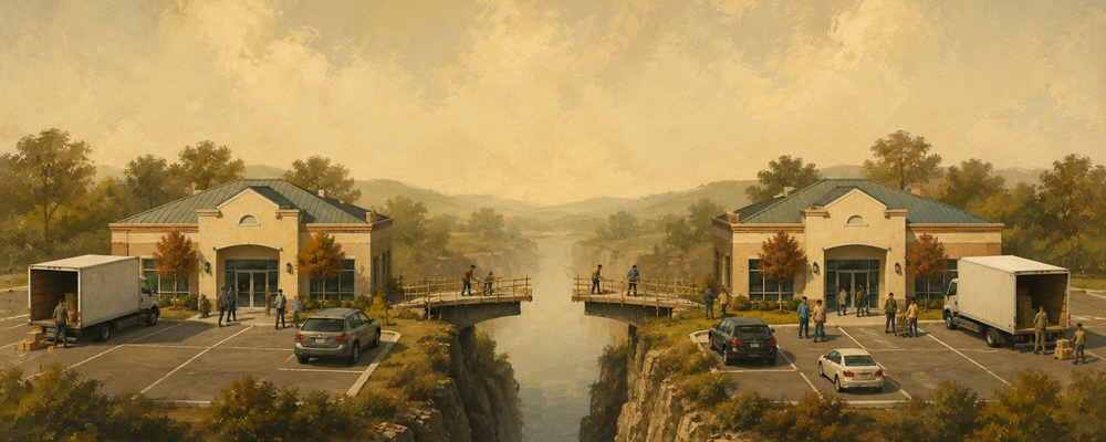 Editorial illustration of two nearly identical nonprofit buildings side by side with duplicate infrastructure, connected by a half-built bridge, symbolizing the resistance to consolidation that wastes resources.