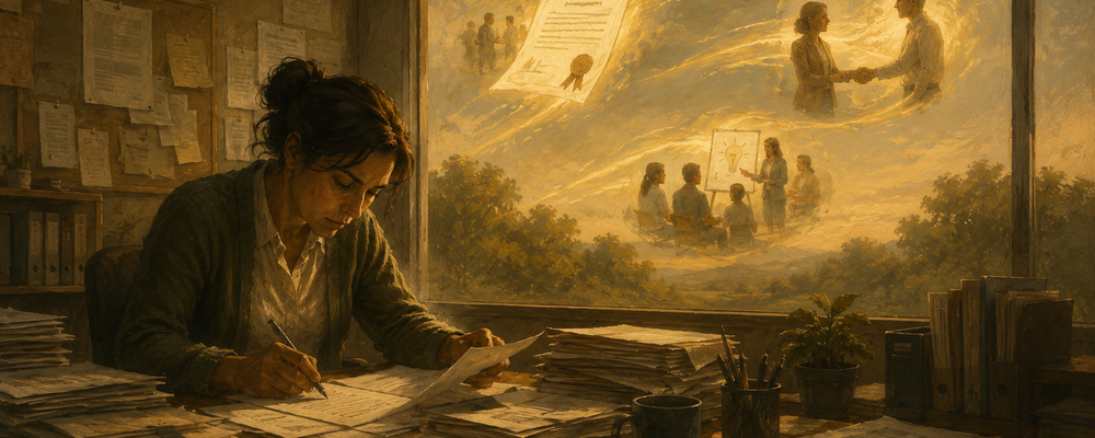 Editorial illustration of a nonprofit worker focused on paperwork while glowing opportunities — grants, partnerships, innovations — drift past the window unnoticed, symbolizing how survival mode blinds organizations to possibilities.