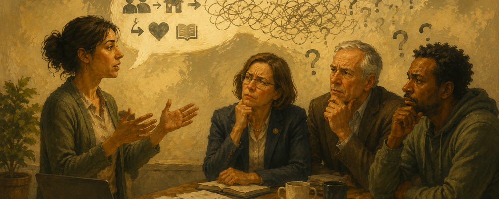Editorial illustration of a nonprofit worker explaining their mission while the message becomes garbled before reaching listeners, symbolizing how misunderstanding erodes funding and community support.