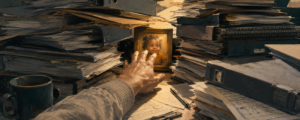 An editorial illustration of a nonprofit desk buried under stacked regulatory binders and insurance documents, with a small framed photo of a child barely visible behind the paperwork and a hand reaching toward it.
