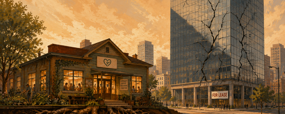 Editorial illustration of a resilient nonprofit community building beside a cracked corporate tower with visible roots symbolizing stability and local trust.