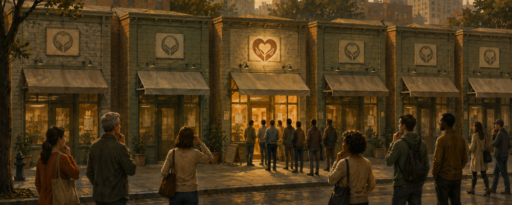Editorial illustration of a row of identical nonprofit storefronts with confused donors walking past, while one building with a distinctive warm glow attracts a line of supporters, symbolizing the power of strategic differentiation.