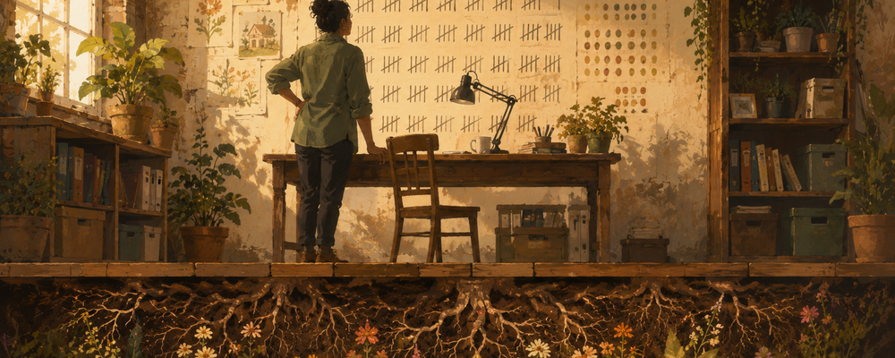 Editorial illustration of a nonprofit worker counting activity tallies while unseen impact grows like a garden behind them, symbolizing the gap between what organizations measure and what actually matters.
