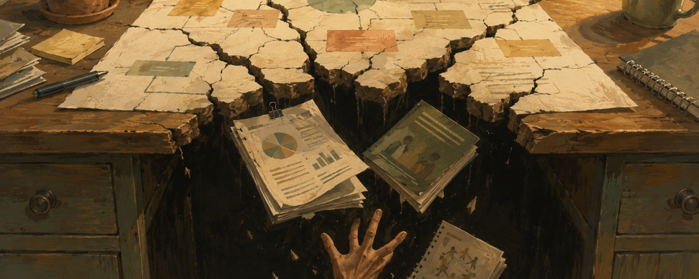 Editorial illustration of a cracked strategic plan with project items falling through the gaps, symbolizing how nonprofit capacity constraints cause important work to go unfinished.