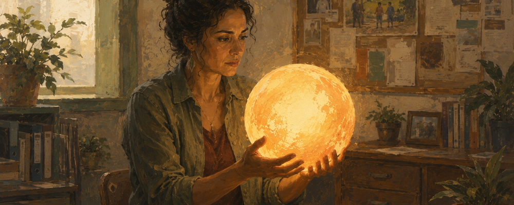 Editorial illustration of a nonprofit worker carefully holding a glowing sphere representing a person's wellbeing, symbolizing the high-stakes nature of decisions in mission-driven work.