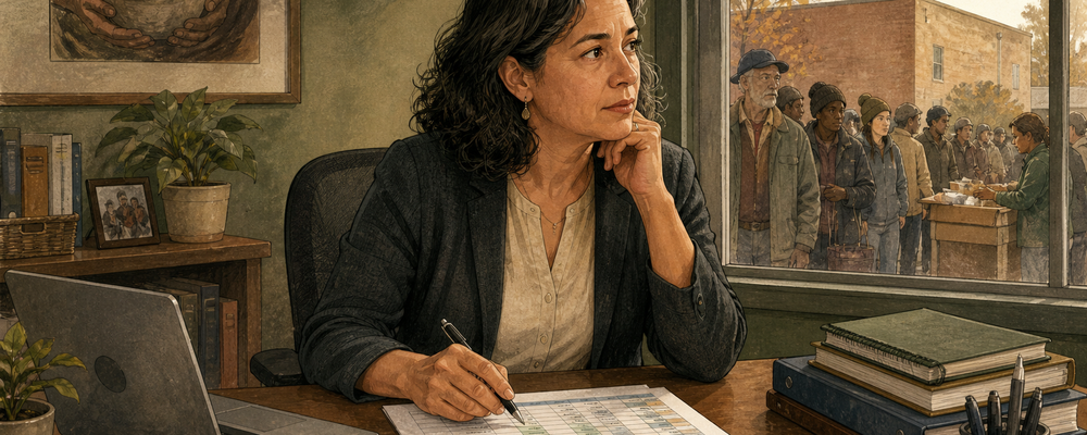 A nonprofit executive director sits at her desk reviewing a budget spreadsheet, caught in a moment of visible tension. Training materials and a laptop rest nearby, representing internal investments and organizational capacity. Through the office window be