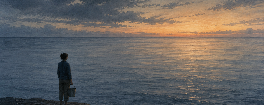 A person holding a single bucket stands at the edge of a vast ocean at dusk, warm light on the horizon, representing the scale of need that nonprofit workers face.