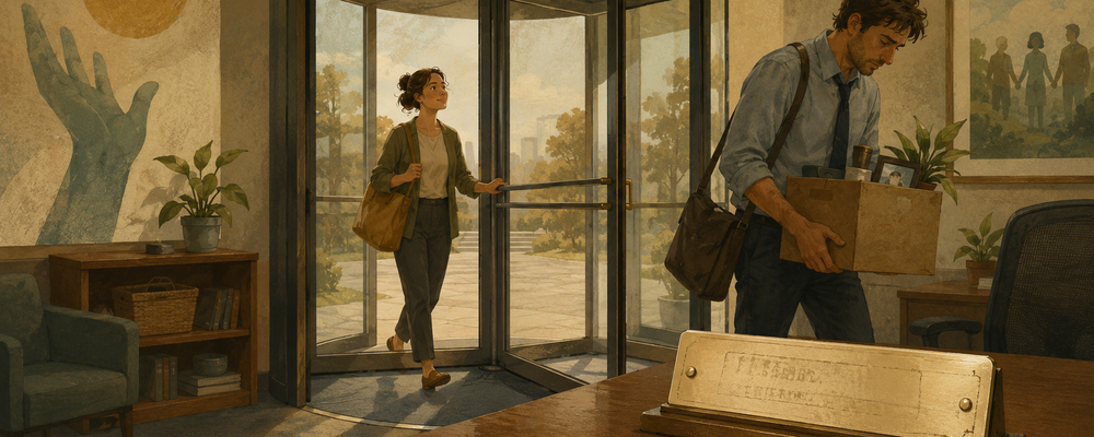 Editorial illustration of a nonprofit office showing staff turnover through a revolving door, with one employee arriving hopeful as another leaves exhausted.