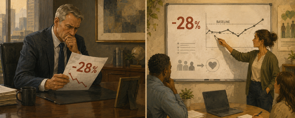 A nonprofit and funder interpret the same performance data in radically different ways in this editorial illustration about context, metrics, and nonprofit evaluation.
