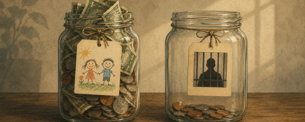 An editorial illustration of two identical donation jars — one overflowing and labeled with a child's drawing, the other nearly empty and labeled with a silhouette behind bars.