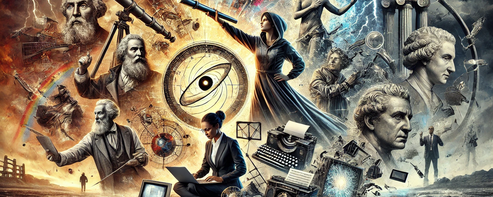 DALL·E 2025-02-26 15.33.09 - A powerful and rebellious digital montage representing diverse visionary thinkers who challenged tradition. __- A female astronomer stands defiantly a