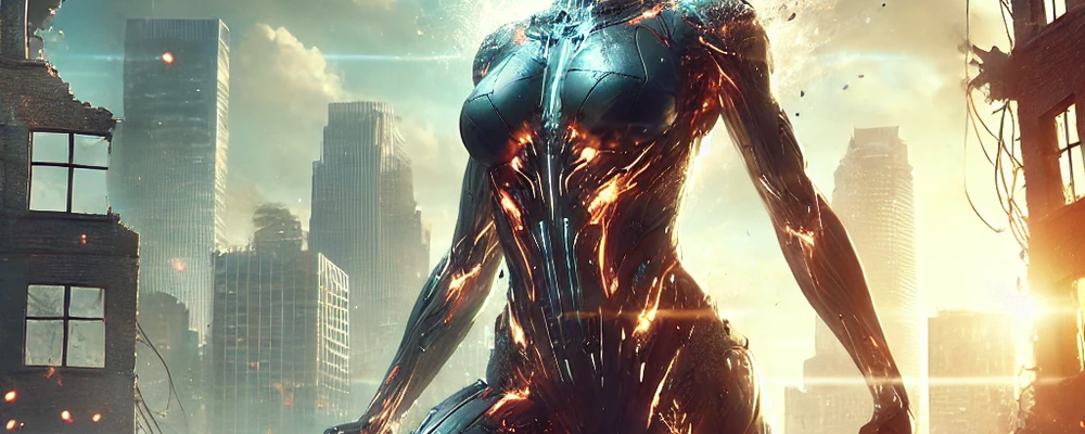 DALL·E 2025-03-03 12.26.52 - A futuristic female warrior rising from the ruins of a destroyed city, symbolizing antifragility. Her body bears scars that have transformed into glow
