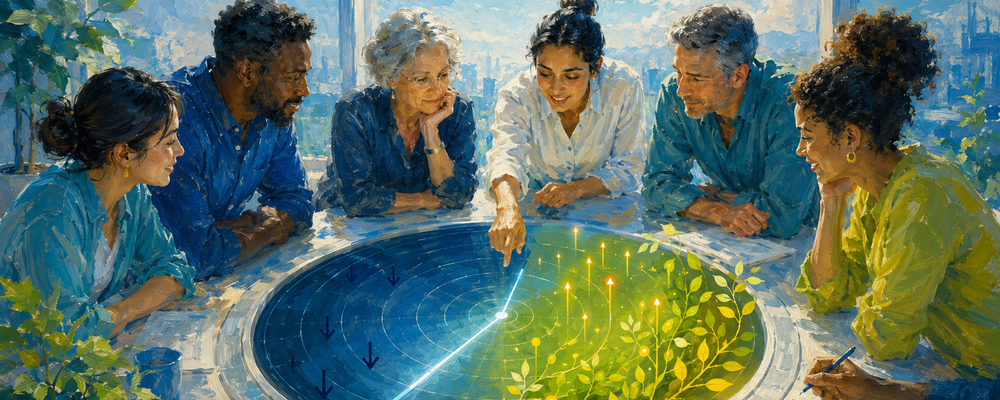 Painterly illustration of a diverse nonprofit team around a sunlit table where a circular early-warning dial blooms on one side into rising points of light and green shoots, symbolizing opportunities surfacing alongside threats.