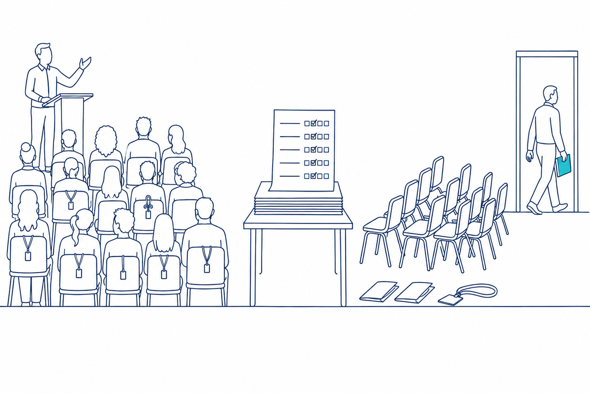 A full room at a lectern, a stack of evaluation forms with every score the same, and one person leaving with the only program that was kept