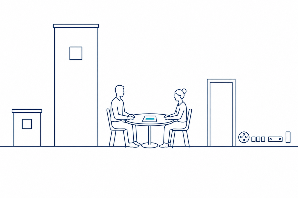 A small building and a tall one, two people across a table with one number between them, and a doorway to four shapes a longer engagement can take