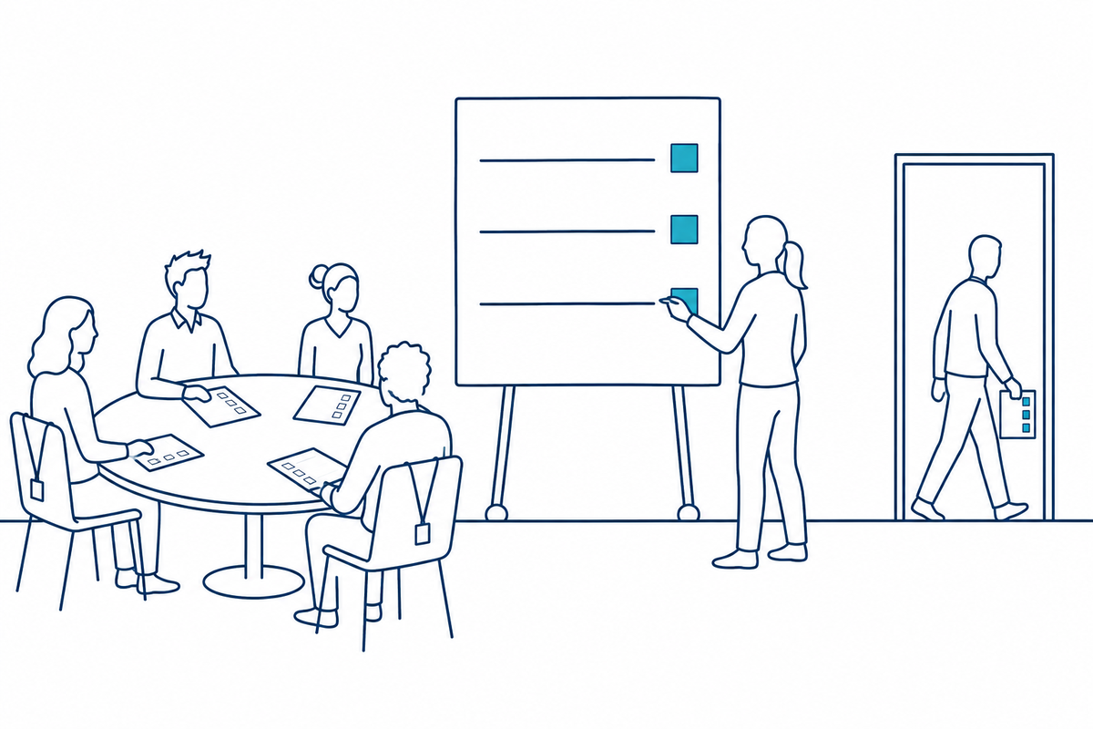 A table of people with blank sheets, a whiteboard with three decisions marked, and one person carrying the finished sheet out the door