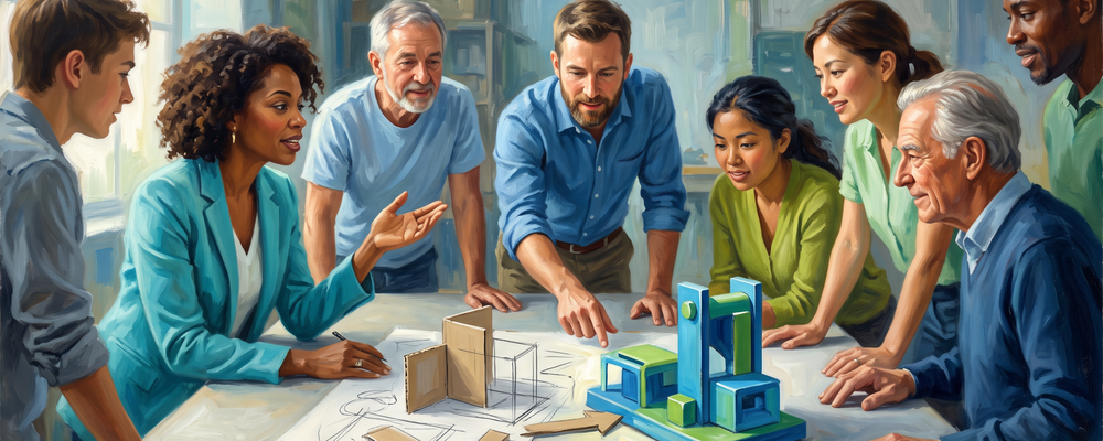 Painterly oil-style illustration in brand blues and greens showing a small, diverse nonprofit team leaning in around a bright table, where a rough paper sketch at the center resolves into a built, working solution.