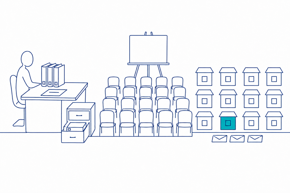 Bound reports on a desk, rows of empty chairs, and a grid of buildings with one lit again and again