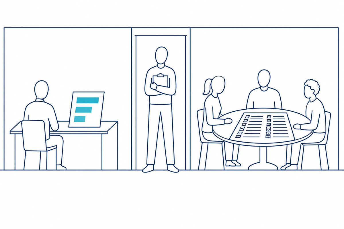 A funder alone with a three-bar summary, a person in the doorway, and grantees around a table with everything they said