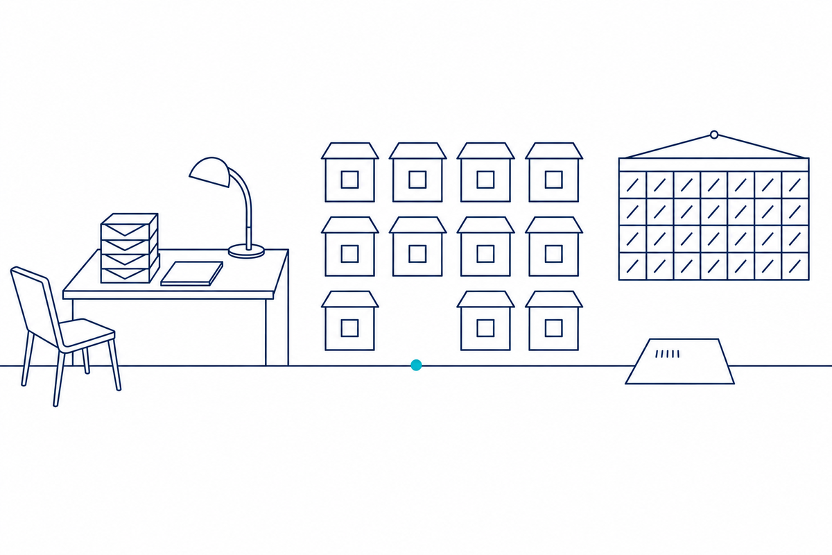 An empty desk, a grid of buildings with one plot empty, and a calendar with every day crossed off