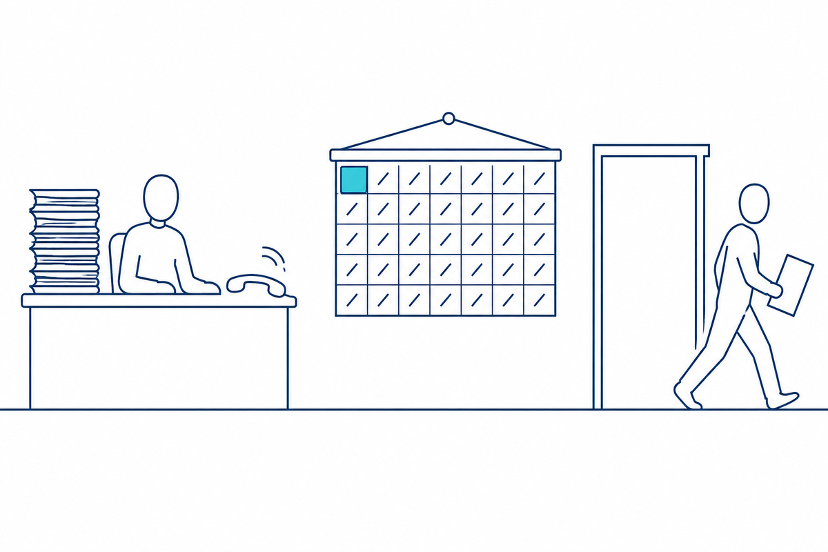 A desk piled with paper, a calendar with no empty days, and a person walking out the door