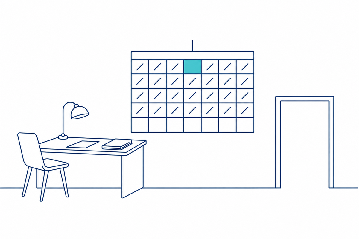An empty desk, a calendar with one week marked, and an open doorway